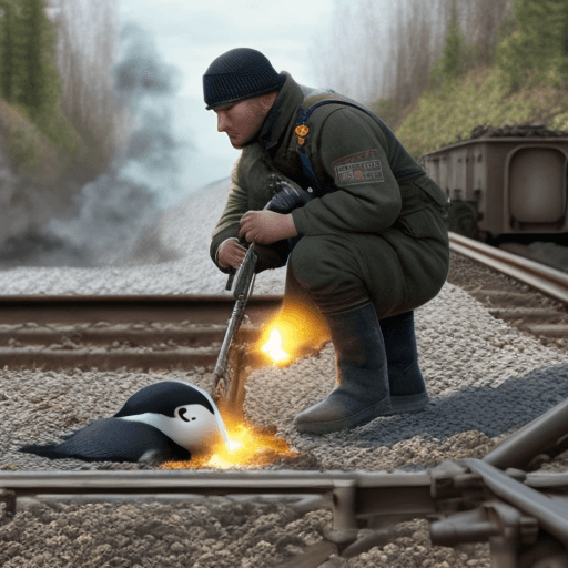 AI generated: Ukrainian penguin partisan planting a bomb under a railroad 8k super realistic 