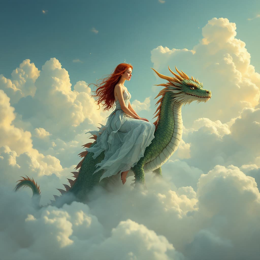 AI generated: She sits on the dragon's back, and the dragon flies with her high into the clouds.