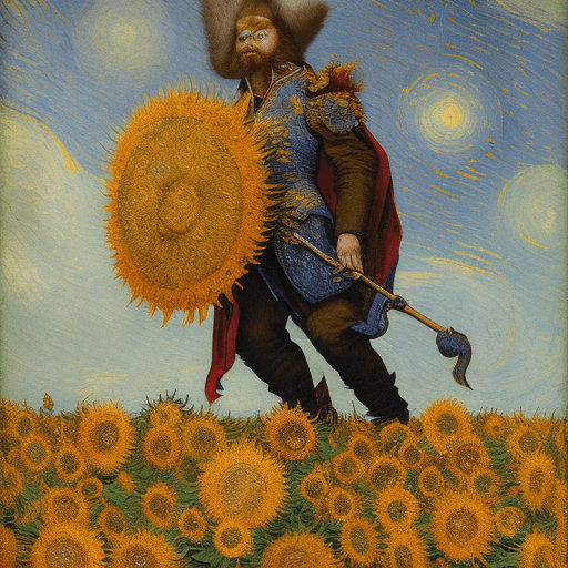 AI generated: mats erland the wicked sorceror and shaman of burning sandviken is walking through a sea of sunflowe...