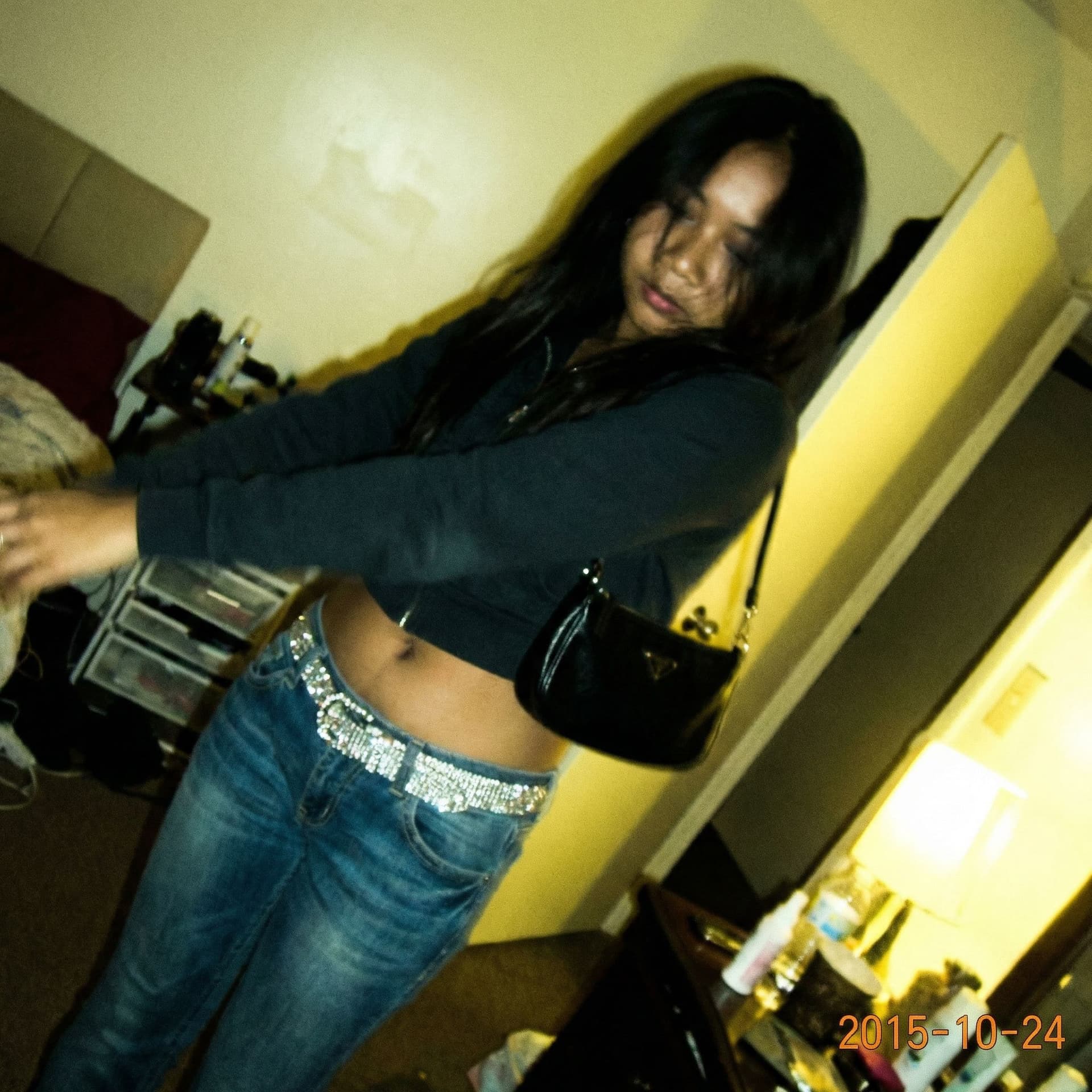 AI generated: a lo-fi 2015s-era, diagonally taken, low-quality iPhone photo of a 20-year-old baddie. The shot is i...
