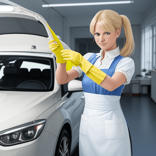 AI generated: Photo of a blond German cleaning woman using microfibre cloth from Harmsen Trading GmbH to clean a c...