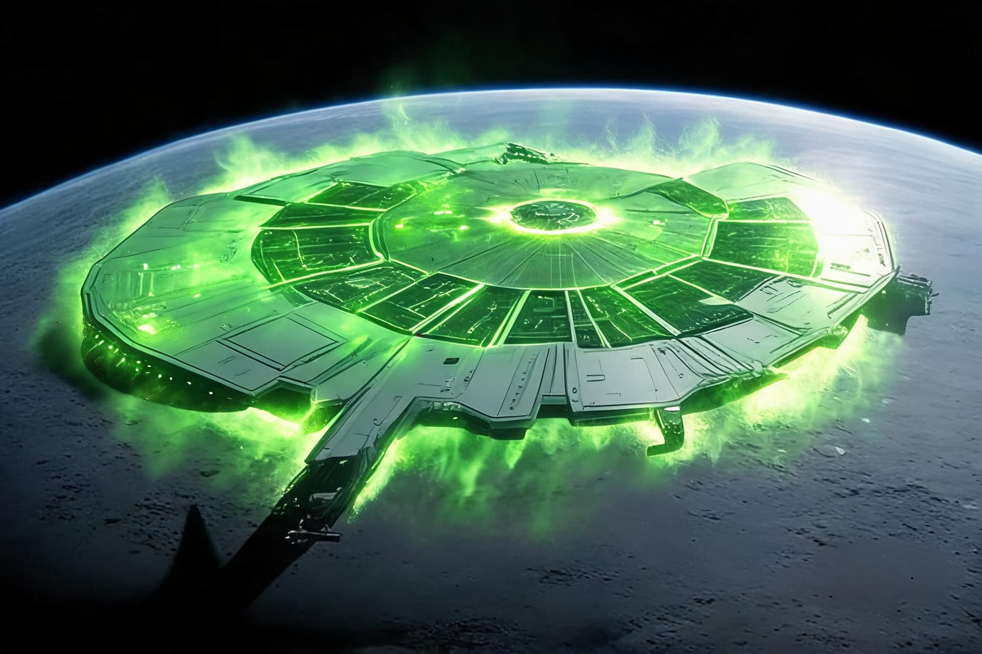 AI generated: Show the base from reference image 1, emanating in a green glow. As if infected by reference image 2...