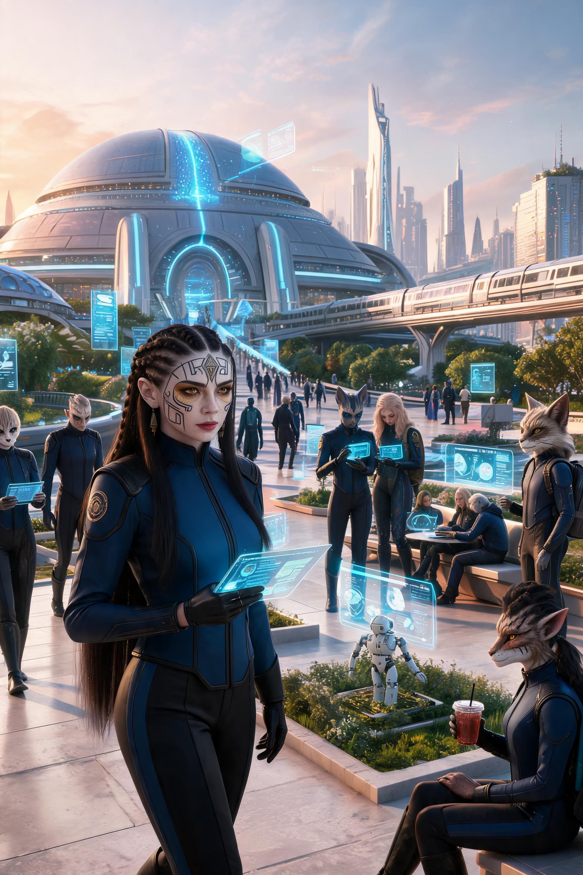 AI generated: Create a highly cinematic, ultra-realistic scene depicting everyday life inside the Galaxial Vora'di...