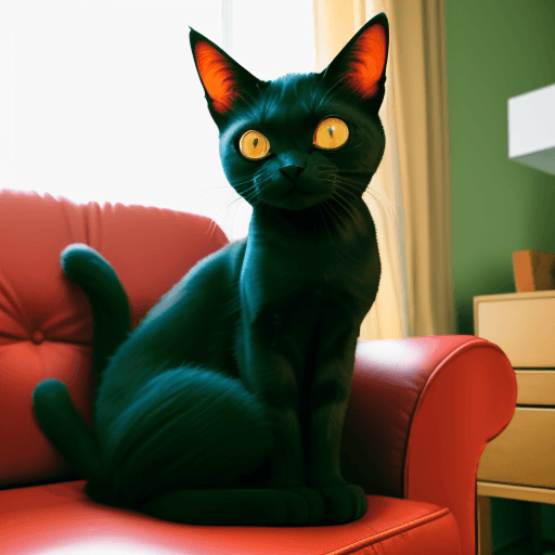 AI generated: red cat with big eyes is sitting on a couch in an apartment holding a percent sign. There are boxes ...