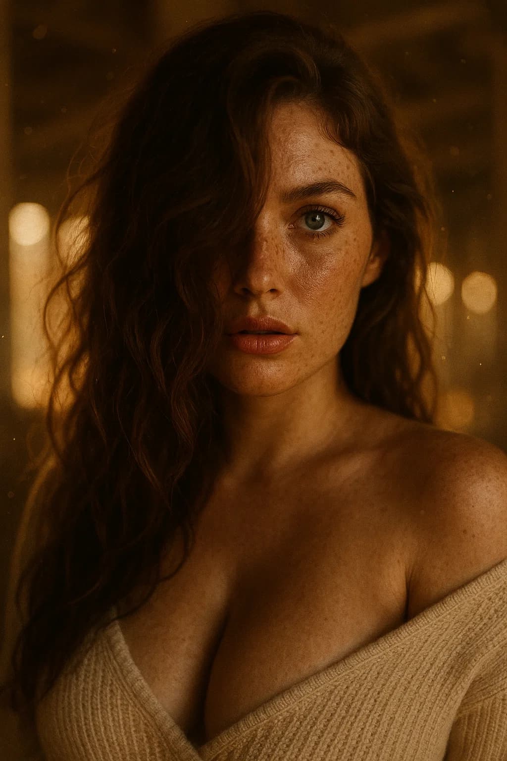 AI generated: ....Warm back-lit barn portrait, 85 mm f/1.8, chestnut waves veiling one emerald-green eye, freckled...