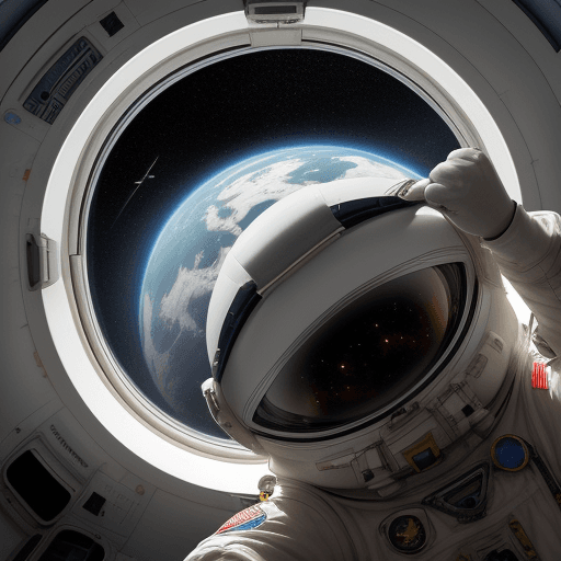 AI generated: uma astronauta a olhar para a terra pela janela do seu quarto na estação espacial



