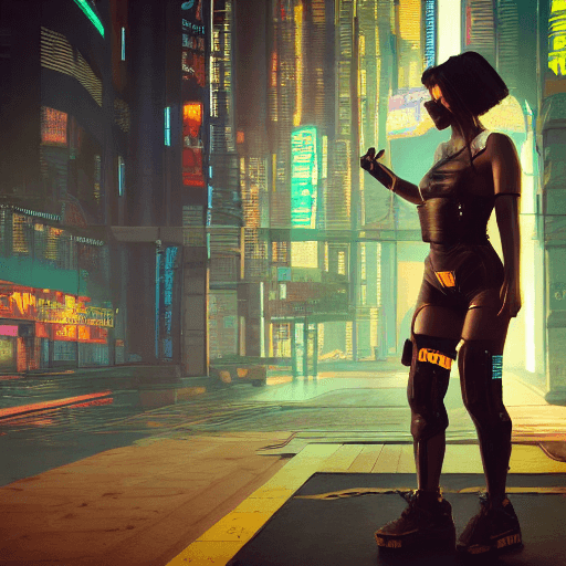 AI generated: wide angle action shot of a beautiful cyberpunk android, gym instructor body, in a cyberpunk city, h...