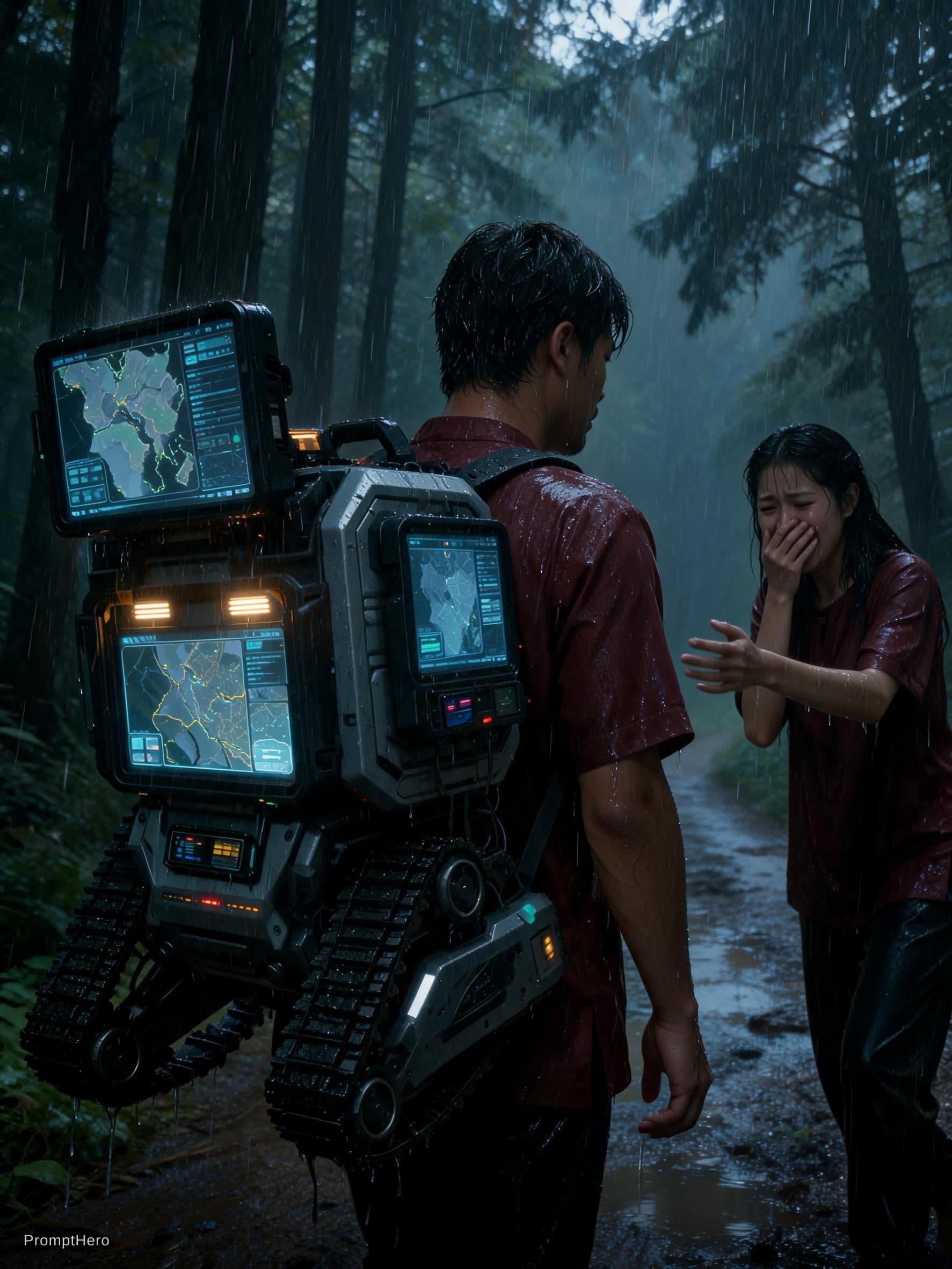 AI generated: "A dramatic and emotional photorealistic cinematic scene of a young Asian man walking away from a yo...