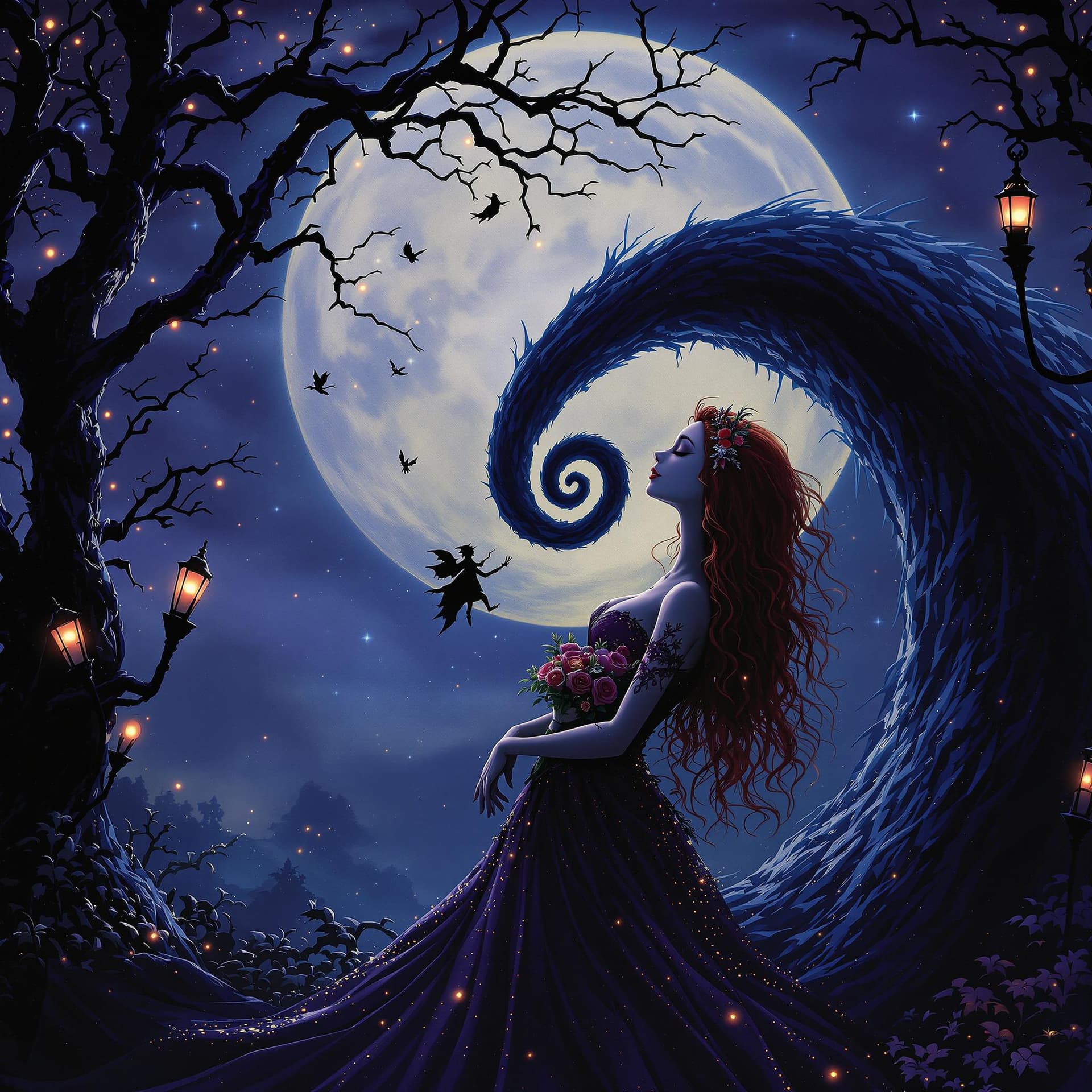 AI generated: Nightmare before Christmas,love scene,romantic embrace.beautiful