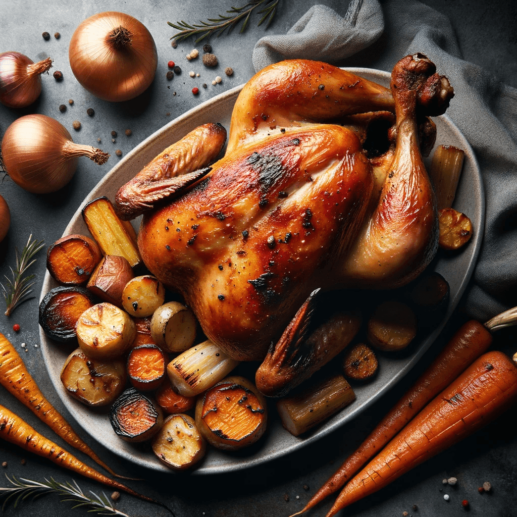 AI generated: An image dedicated to food photography, capturing a sumptuous roasted chicken with a tantalizing gol...