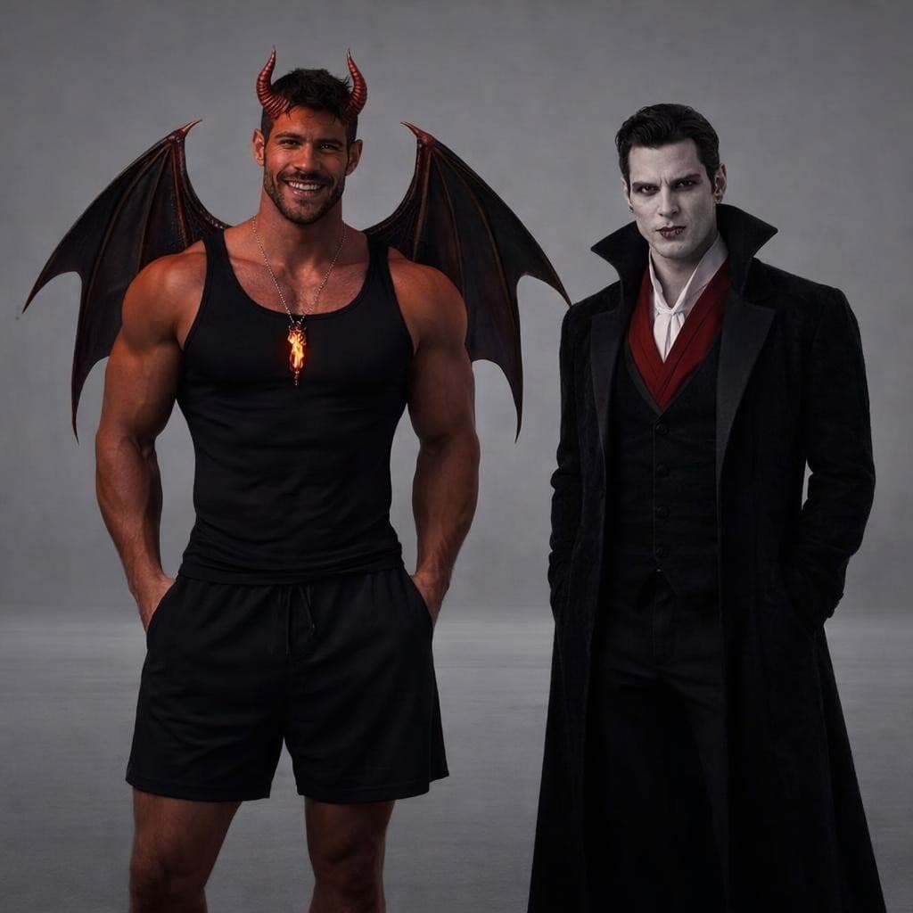 AI generated: make this man into a devil wearing no shirt and black short shorts smiling with vampire standing in ...