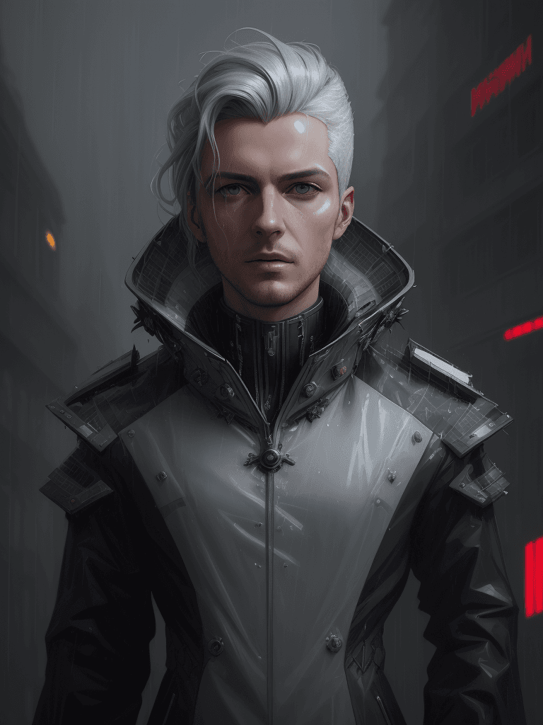 AI generated: a detailed portrait of European Pretty Young man Storm Rain movie Jacket coat, Futuristic sci-fi fas...