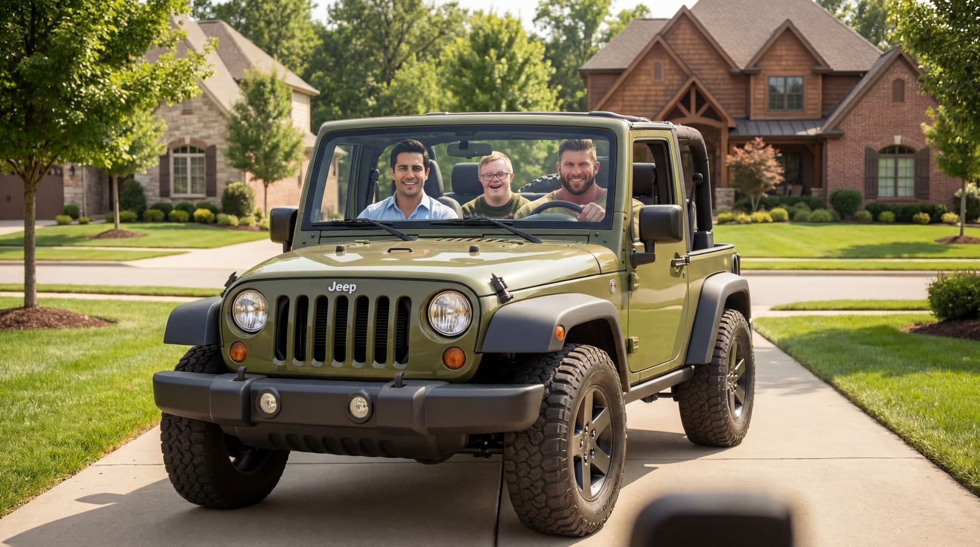 AI generated: change the background. The background is a nice driveway in a nice neighborhood. They are smiling.