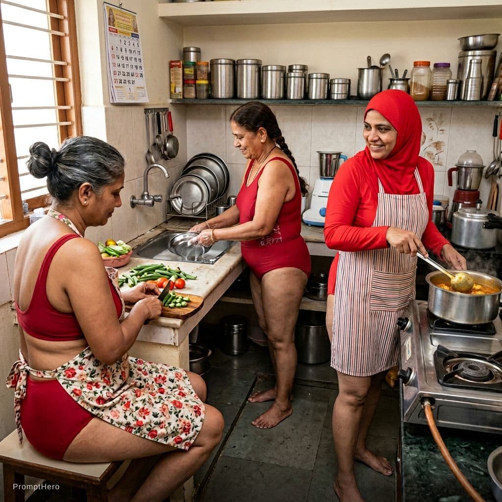 AI generated: 50 years old indian mom and indian aunty and muslim mom are working in kitchen making food and washi...