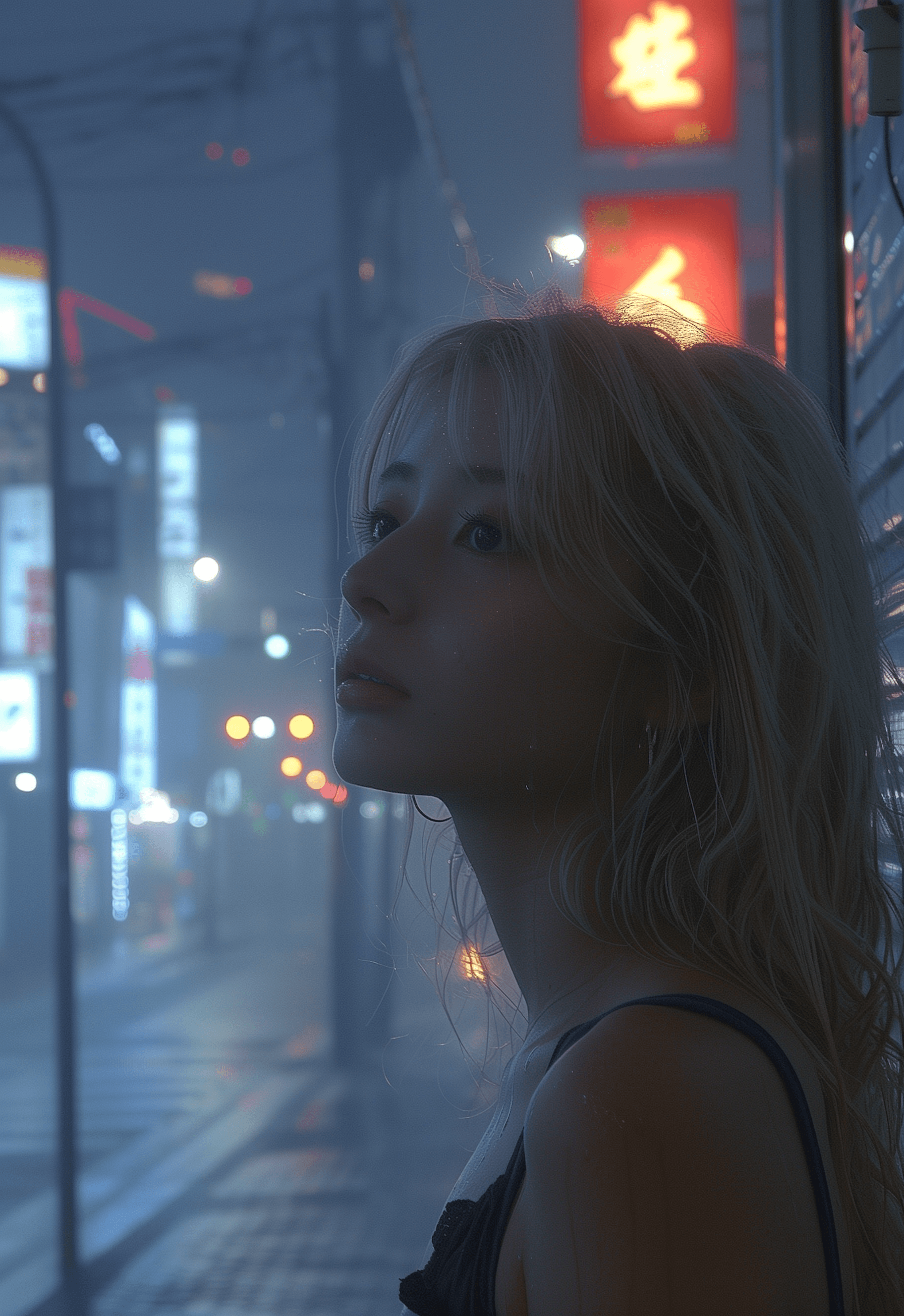 AI generated: 35 mm photo of a girl in a neon city, blonde hair, in the style of chinapunk, iconic album covers, s...