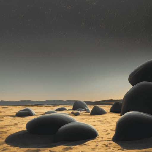 AI generated: black granite rocks, the sun from neon tubes on the horizon, the sky with a golden pattern in the st...