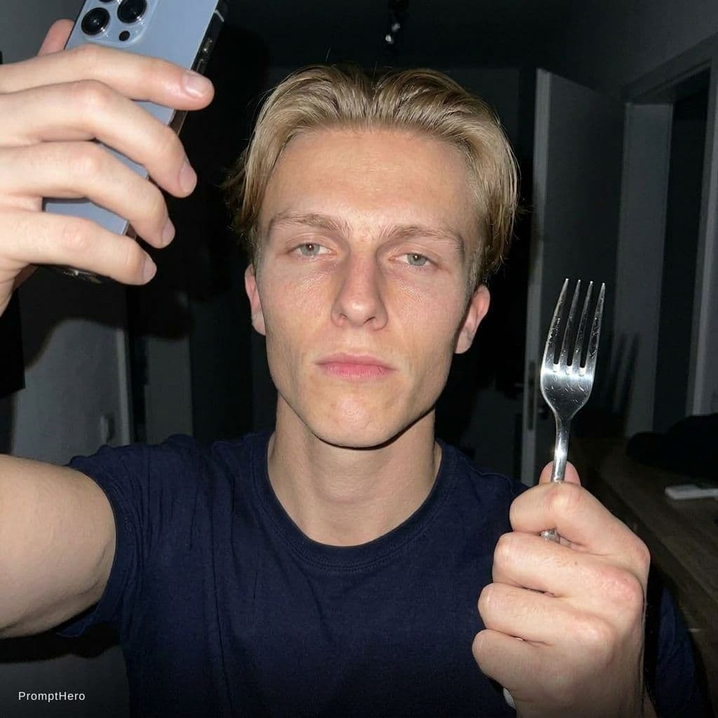 AI generated: mete a mão que não tem o garfo posicionada como tivesse a segurar o telemóvel para a selfie 
