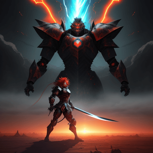 AI generated: Anime-style illustration of an epic and destructive battle between a bipedal draconic ancient being ...