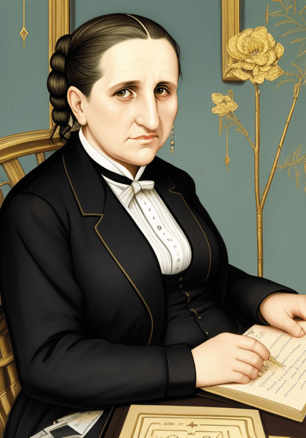 AI generated: Gertrude Stein, caricature, landscape agent greek, writting book, golden thin sticks in diamond shap...