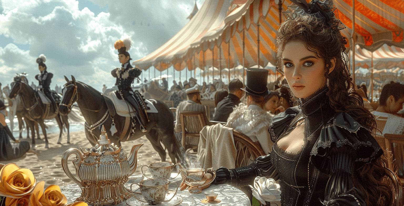 AI generated: A luxurious scene of a woman in black with long hair and white doves sitting at an elegant table on ...