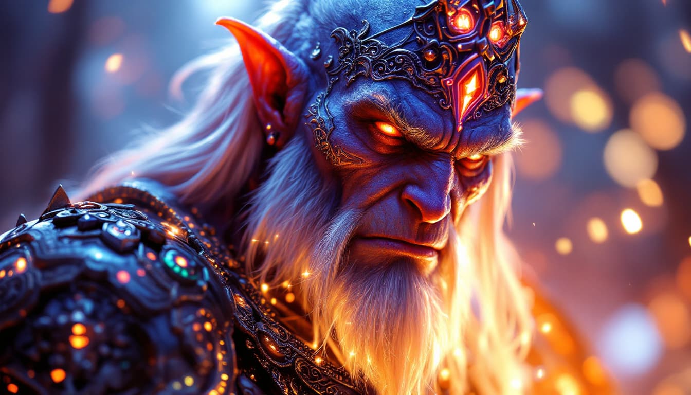 AI generated: In an ethereal digital painting, a luminous ornamental orc emerges, bathed in soft focus light. The ...