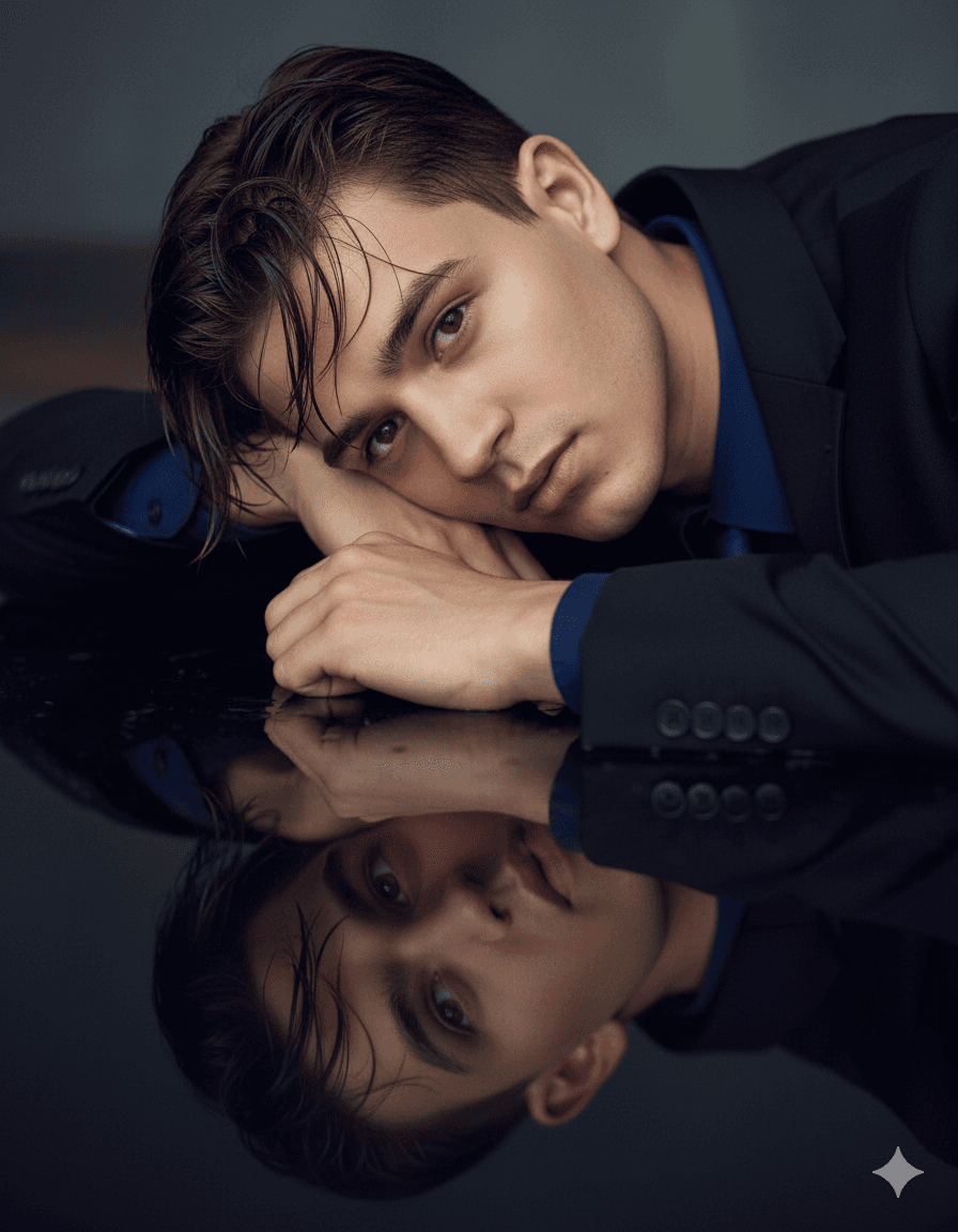 AI generated: mirror 👇
The most realistic portrait of a handsome young man lying elegantly. The head rests light...