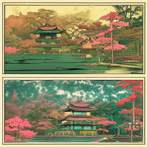 AI generated: Fantasy landscapes set in Brazil, Japanese temple, Asian anime like, Asian anime film drawings::1.5,...