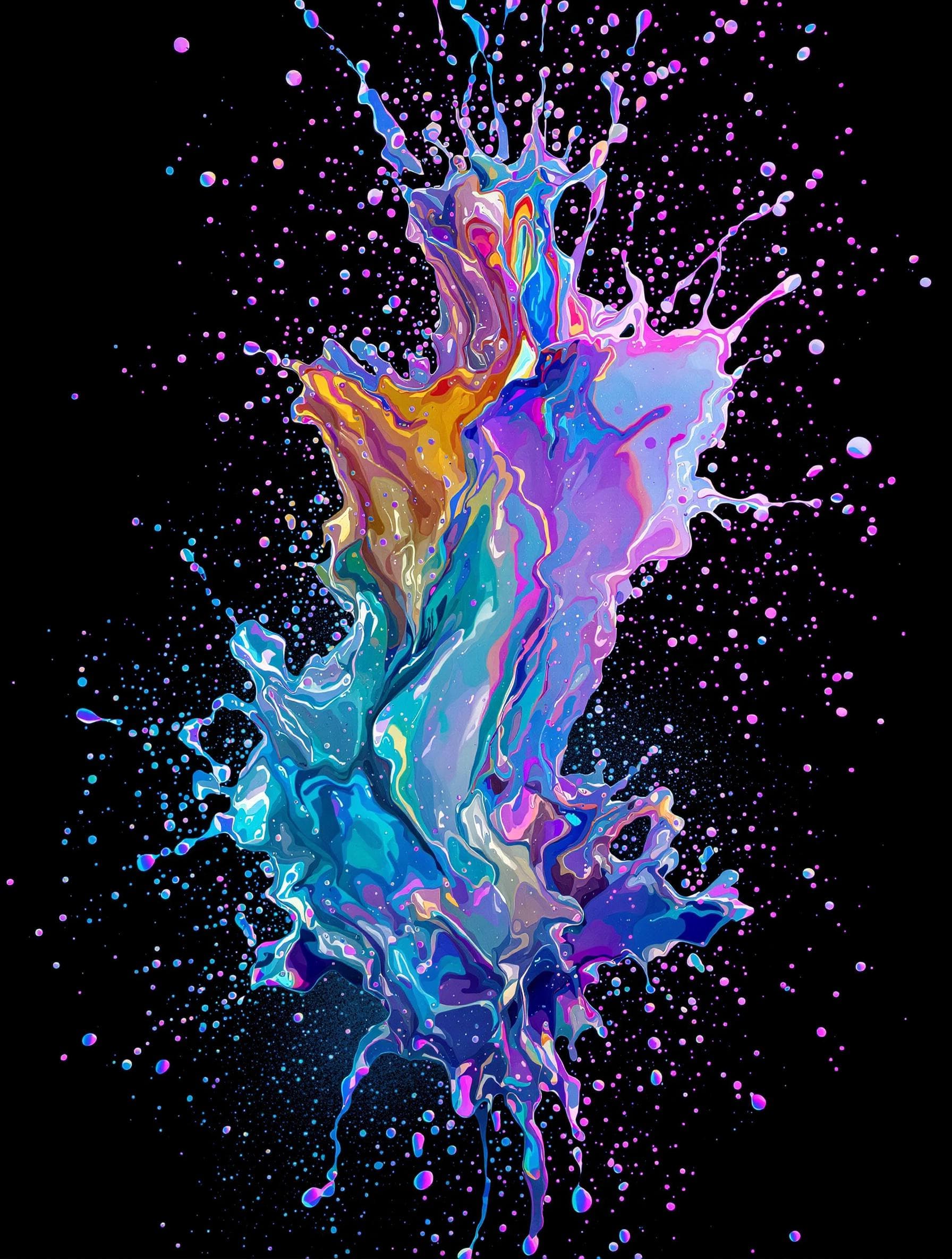 AI generated: glowing holographic milky drip, fluid splashes, with powder, black background, hq abstract backgroun...
