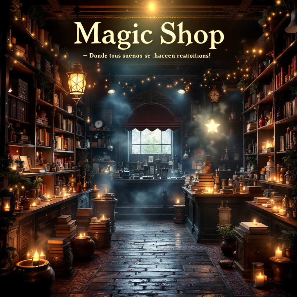 AI generated: *"Una vibrante publicidad digital para 'Magic Shop'. El fondo muestra una tienda mística y encantado...