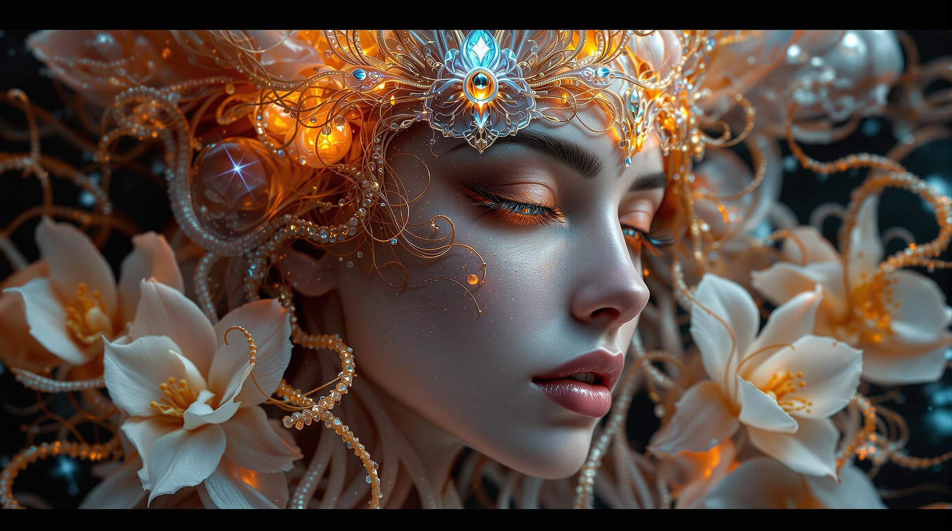 AI generated: Goddess close-up portrait ribcagel. jellyfish phoenix head, nautilus, orchid, skull, betta fish, bio...