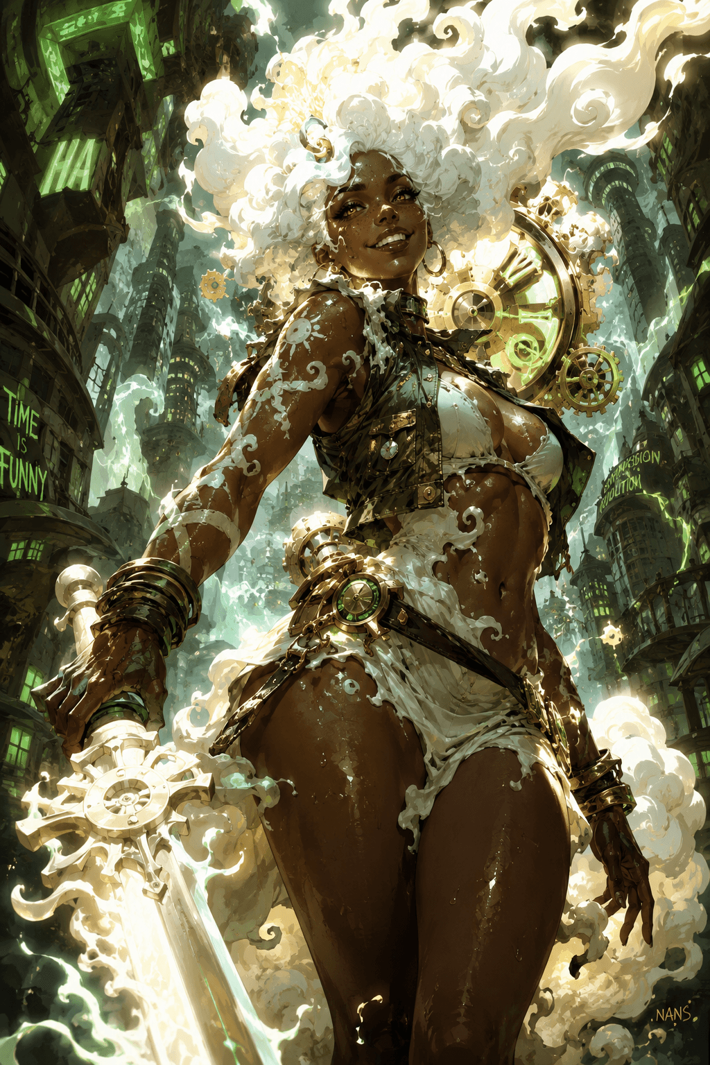 AI generated: Concept: A fusion of Ekko (LoL) and Sun God Nika (Gear 5). An ethereal woman with glowing white clou...