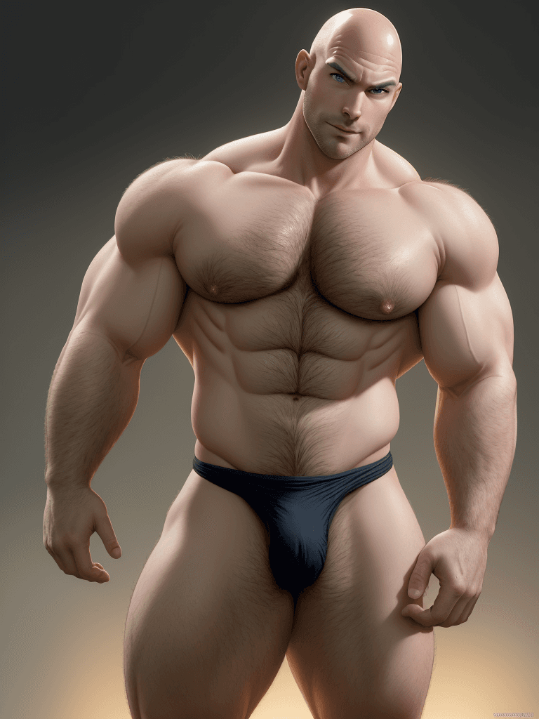 AI generated: Krillin, caucasian complexion, big muscles and big thighs, bald, he doesn't have nose, he has short ...