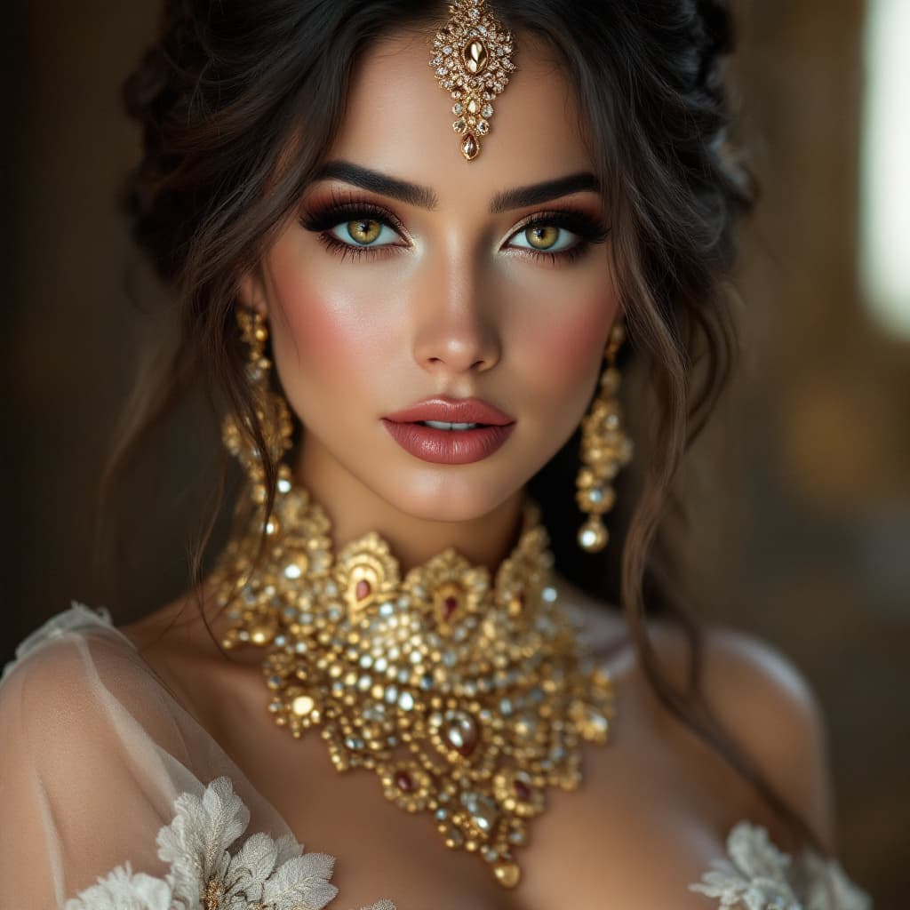 AI generated: Femme arabe sensual magnifique gigantic breast maquillée faux cils, eyes-Liner et rouge à lèvre sexy...