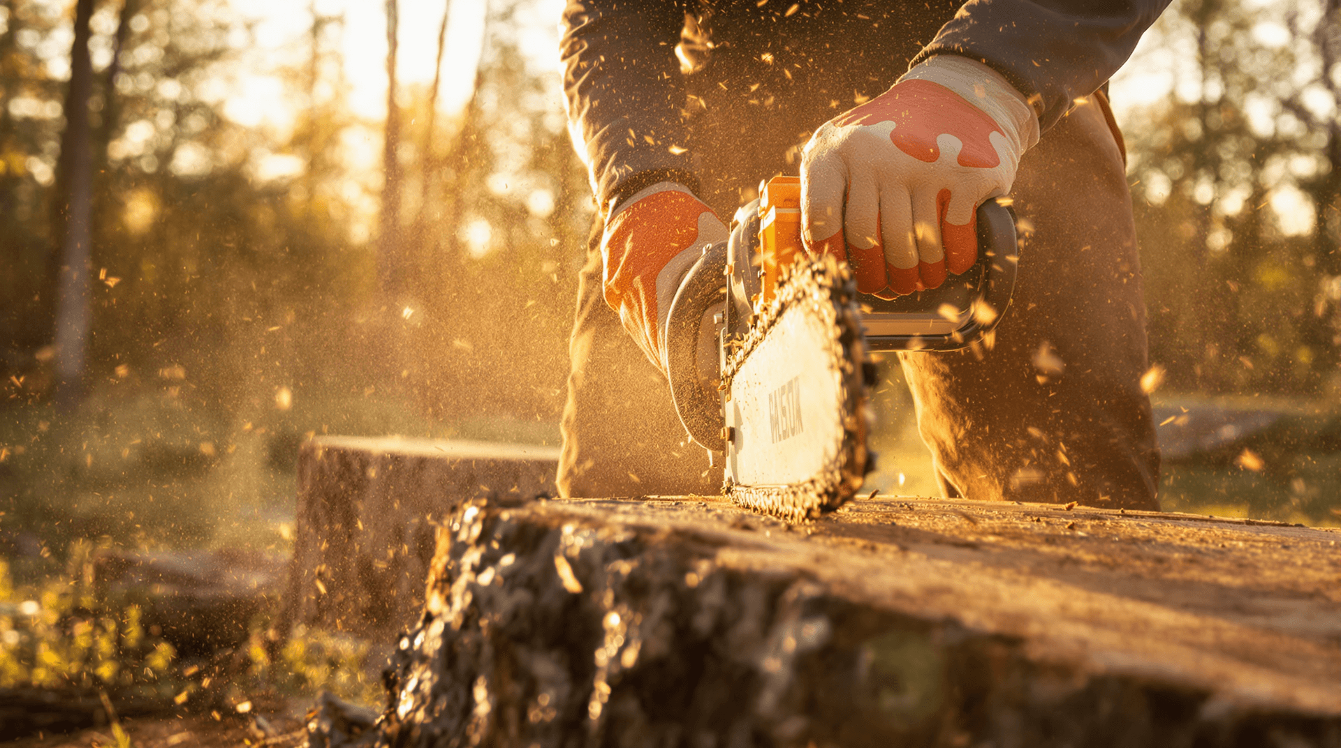 AI generated: Lumberjack cutting wood with chainsaw, close-up action shot, sawdust flying, golden hour sunlight, a...