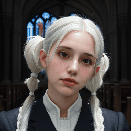 AI generated: Woman, Jewish, One, Fit, Cute face, White hair, Pigtails, Portrait, Dynamic angle, Standing, Church,...