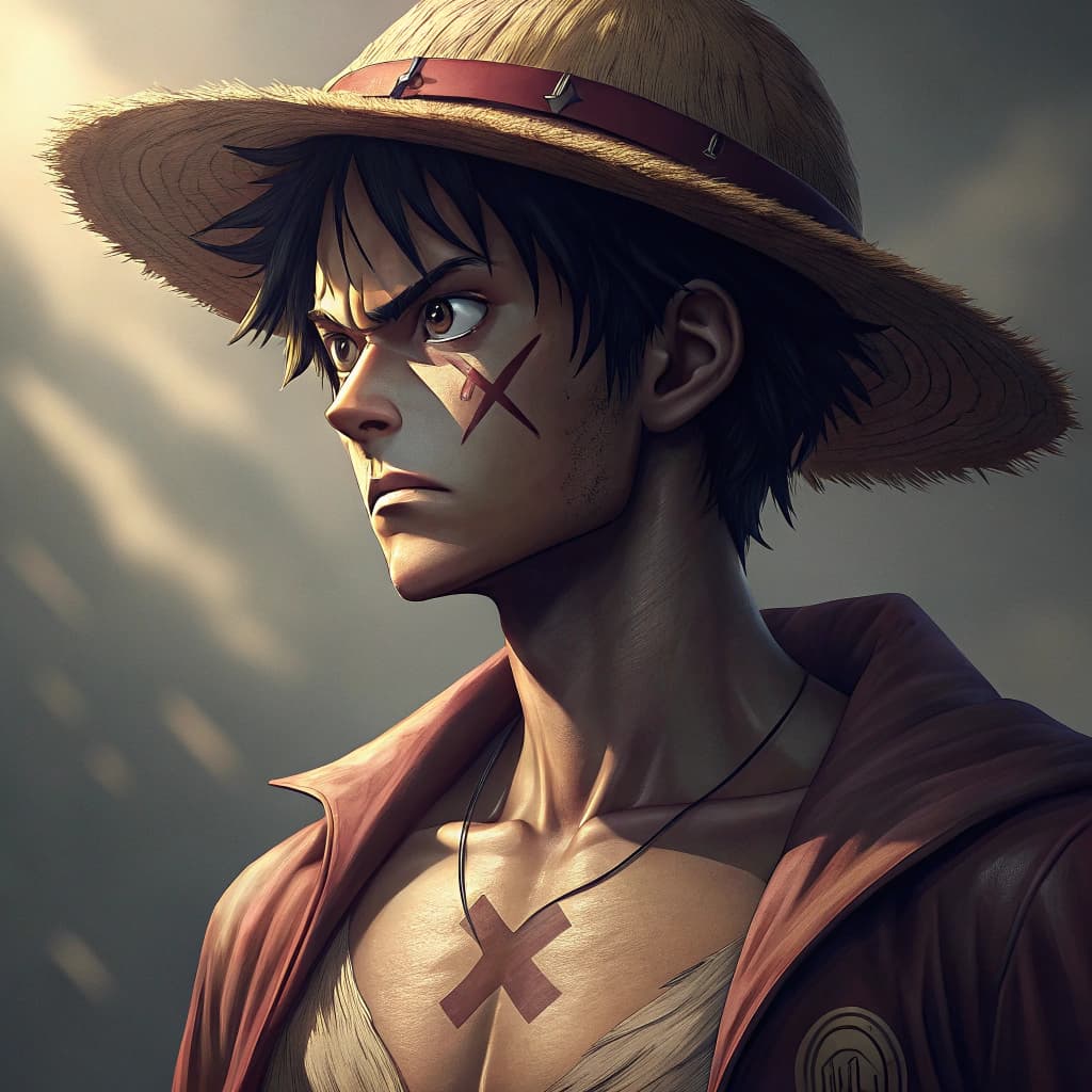 AI generated: Monkey D. Luffy, one piece anime, X-shaped scar on his chest, Straw Hat, symmetrical body, portrait,...