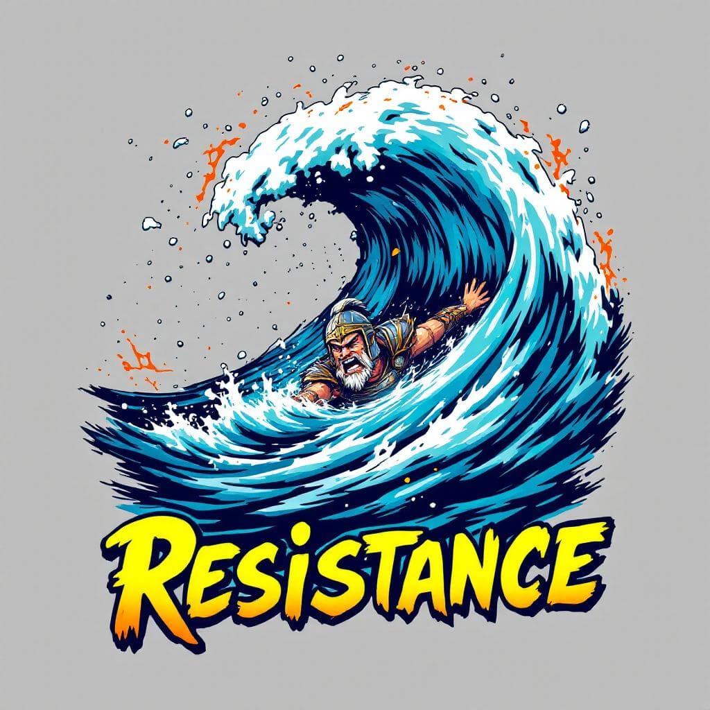 AI generated: Illustration of a determined man swimming upstream against exaggerated, cartoonish waves. He wears a...