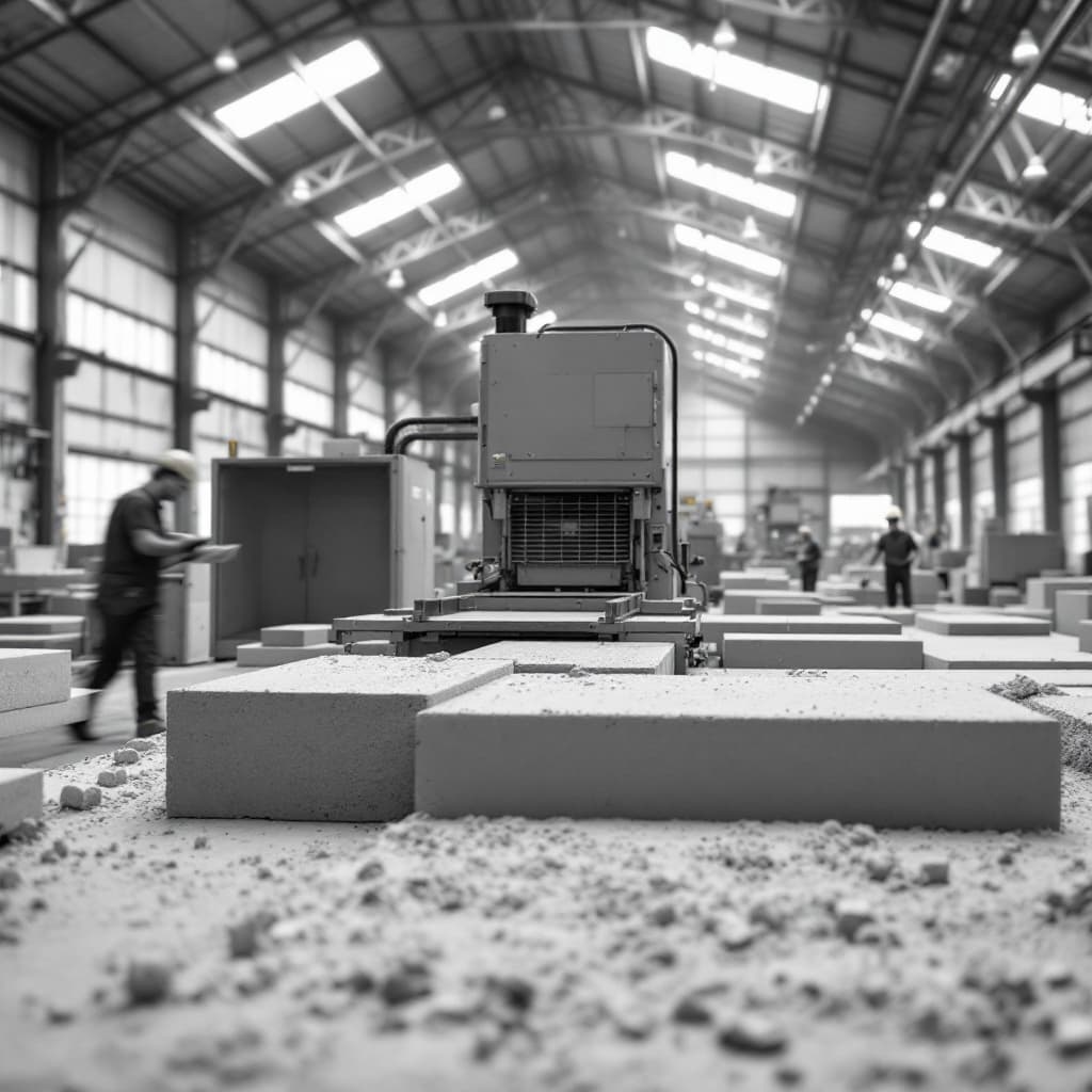 AI generated: Close-up view of a production hall interior with machines manufacturing precast concrete elements fr...