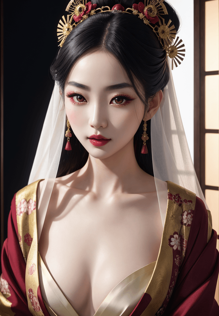 AI generated: Beautiful Japanese woman, porcelain skin, flawless and radiant, ethereal beauty, monolid eyes dark a...