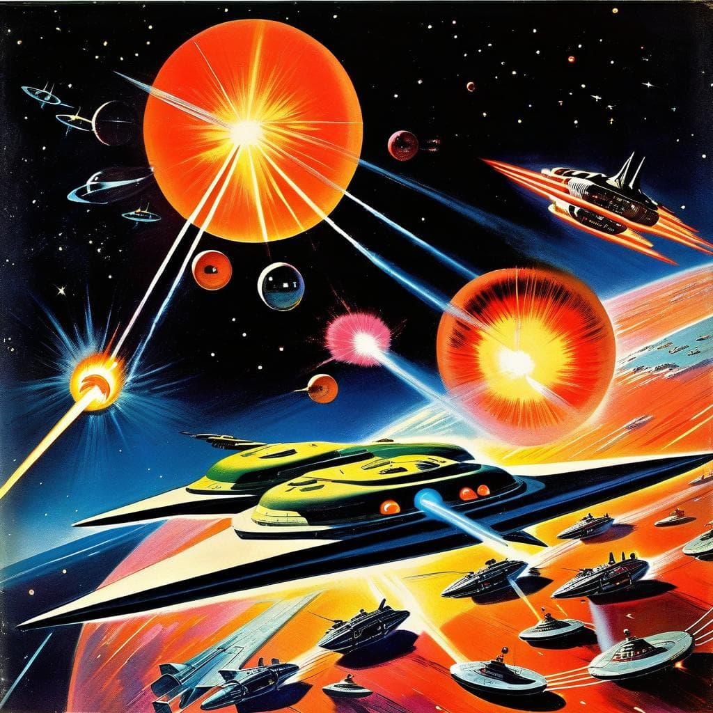 AI generated: 1950s retro sci-fi art, a dark sci-fi fantasy scene, space battle between 2 rocketships encircled in...