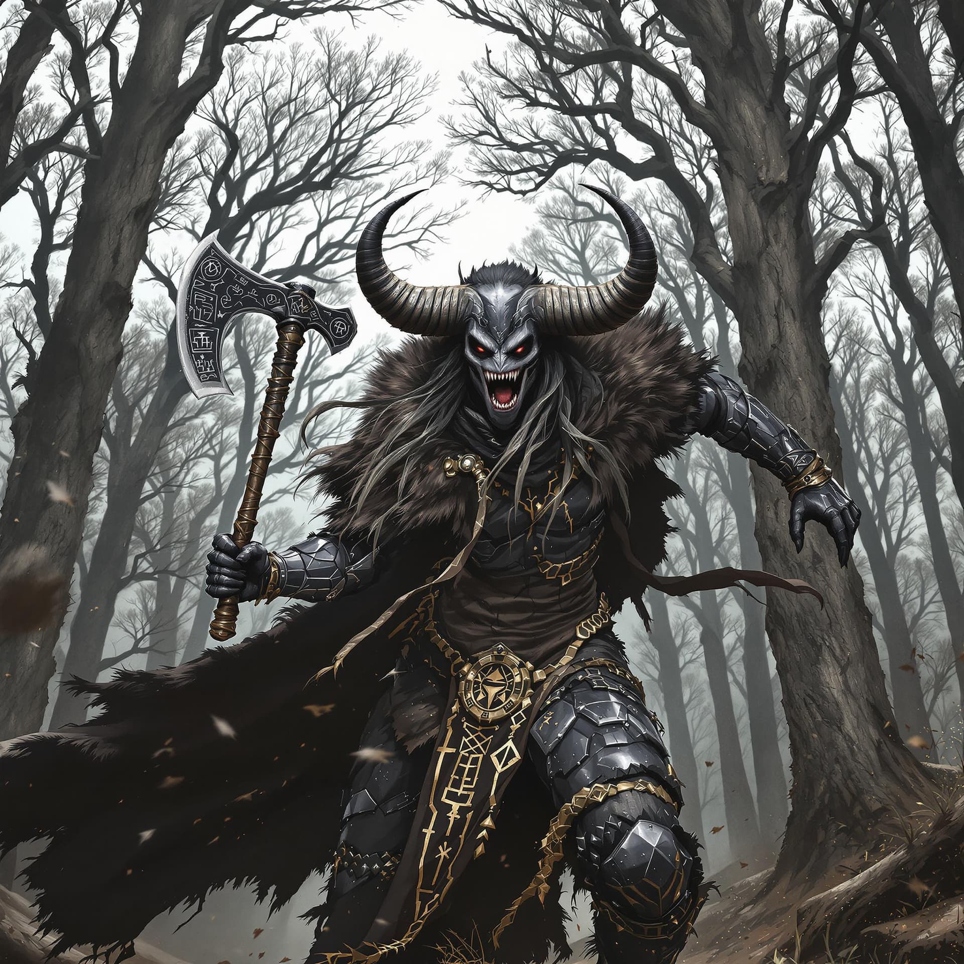 AI generated: A minotaur Female African  warrior, sheathed in battered black chrome armor, charges forward into th...