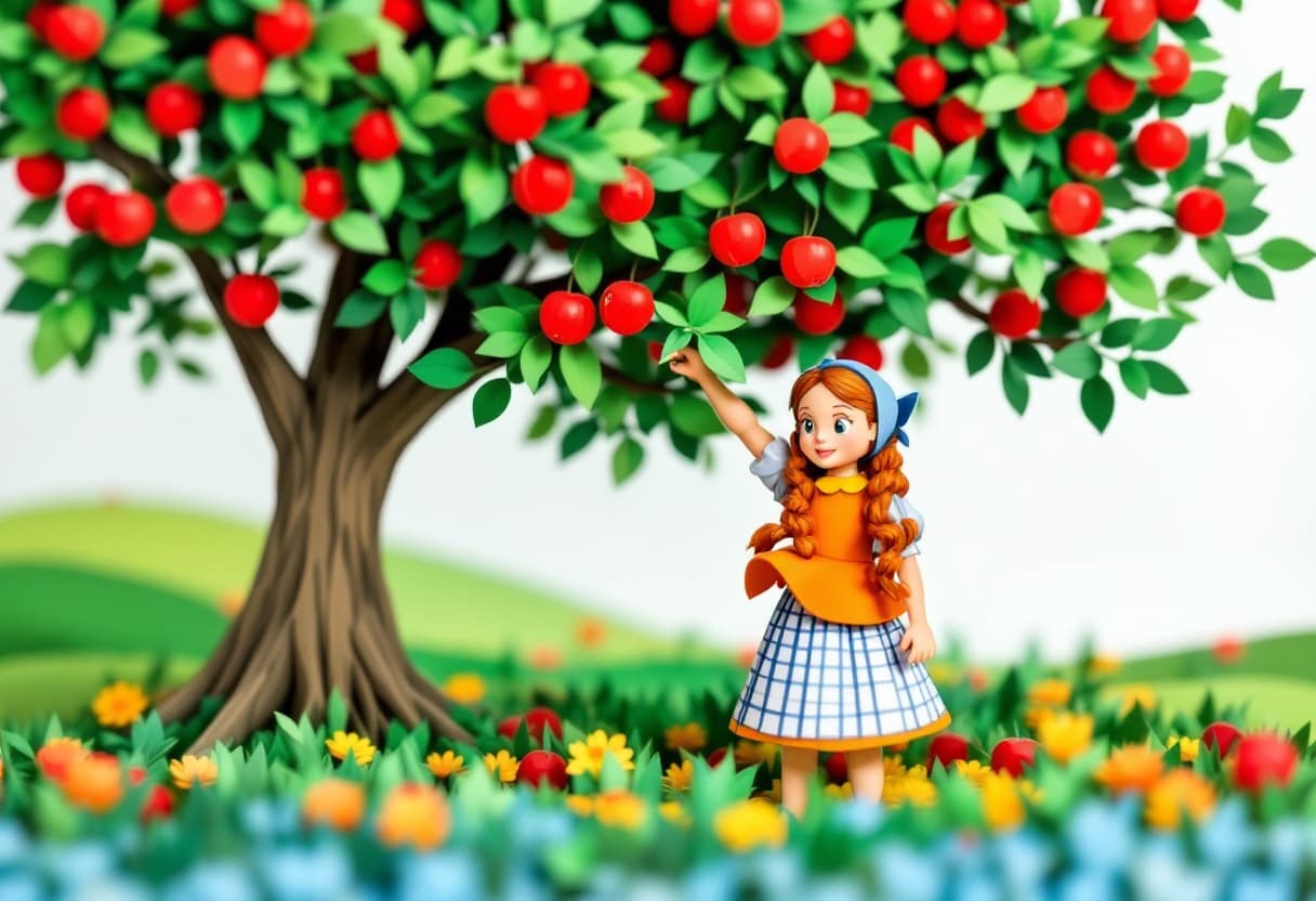AI generated: Dorothy in the Wizard of Oz, fighting with a fighting tree standing under an apple tree with red app...