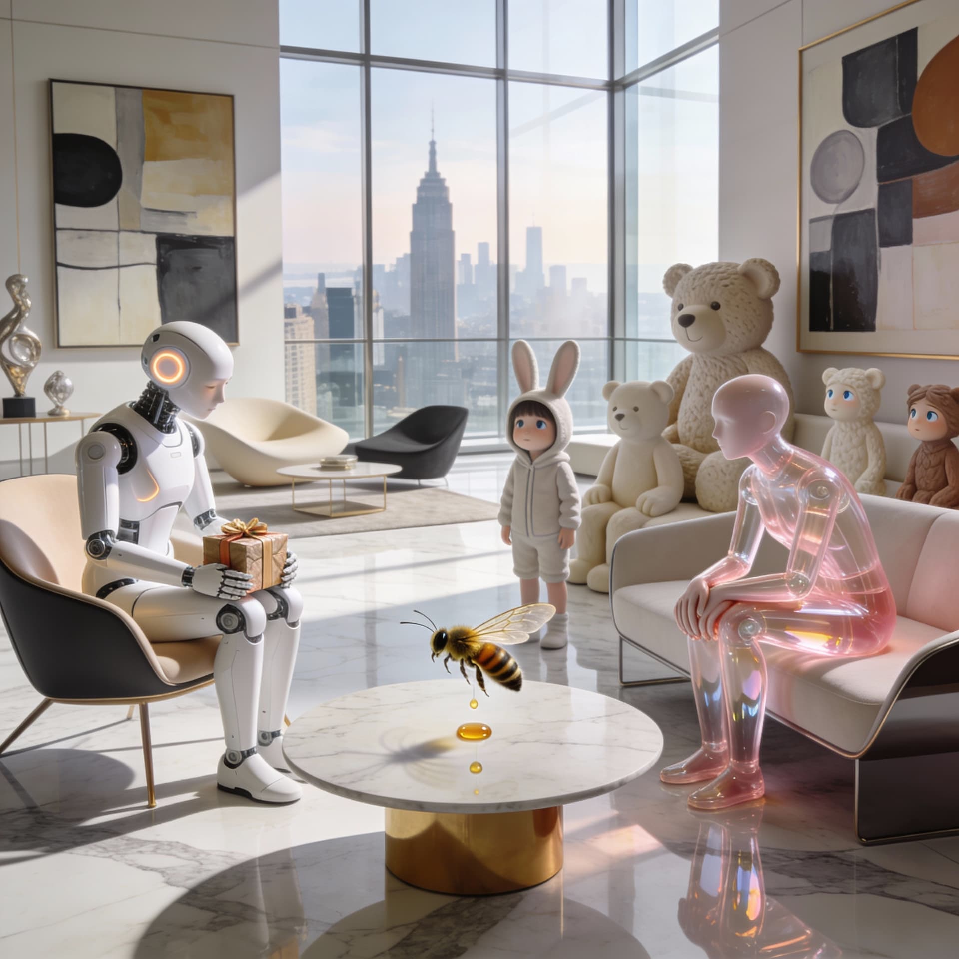 AI generated: Create a hyper-realistic, cinematic scene set inside an ultra-luxury modern loft living room during ...