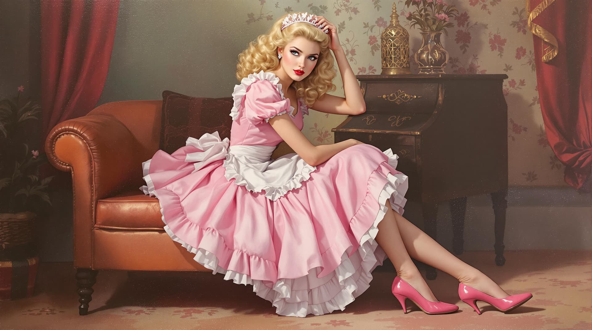 AI generated: 1950s blonde haired maid, pin-up girl, beautiful, pink maid dress, pink high heel shoes, retro, oil ...