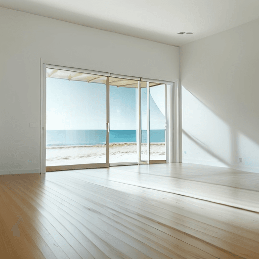 AI generated: Image of a completely empty room with a wood floor leading away from the viewer towards a open wide ...