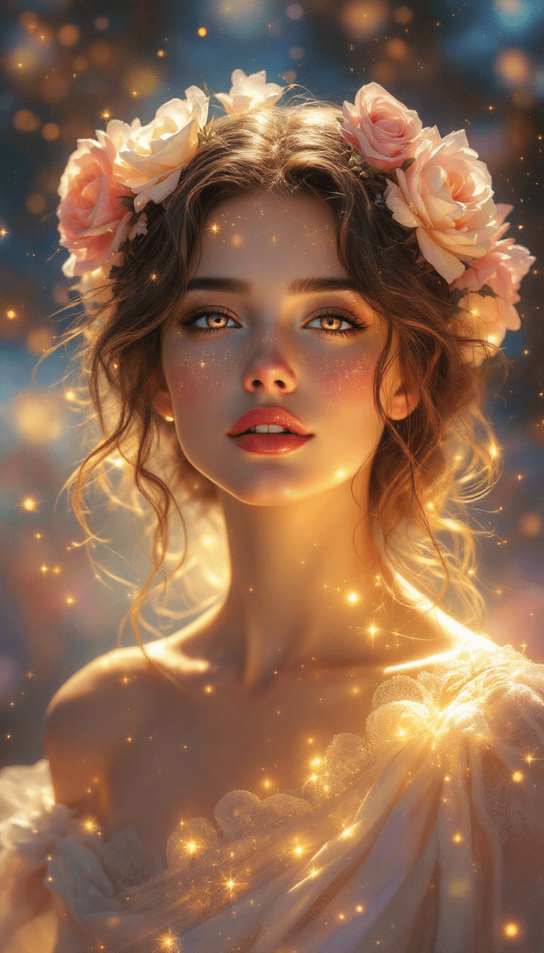 AI generated: A divine, ethereal fine-art portrait of a mesmerizing individual exuding warmth, grace, and celestia...