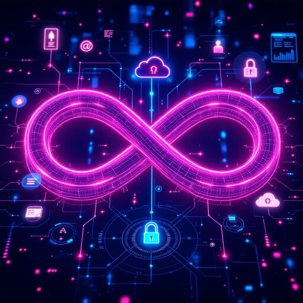 AI generated: "Futuristic technology concept of DevOps and artificial intelligence (AI), glowing infinity loop wit...