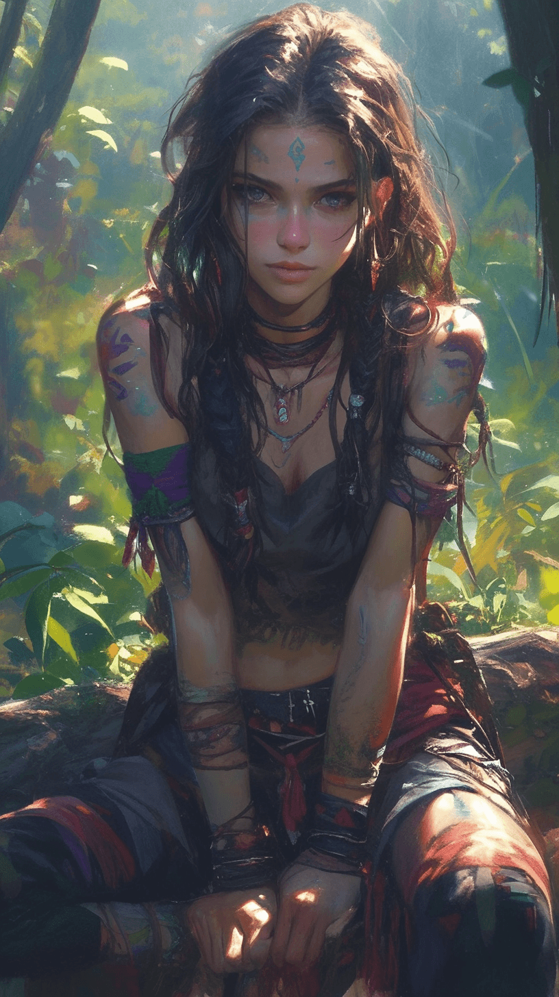 AI generated: an eclectic 30 year old East Asian woman with vivid colourful makeup, posing, wearing bohemian cloth...