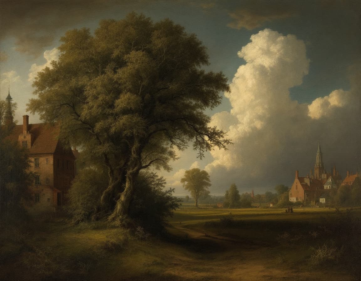 AI generated: Dutch oil painting, surrealism, detailed, trees, buildings, sky, clouds,  detailed textures, histori...