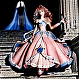 AI generated: pink ball gown ruffle dress, running down in a castle while holding the dress, pink heels detailed i...